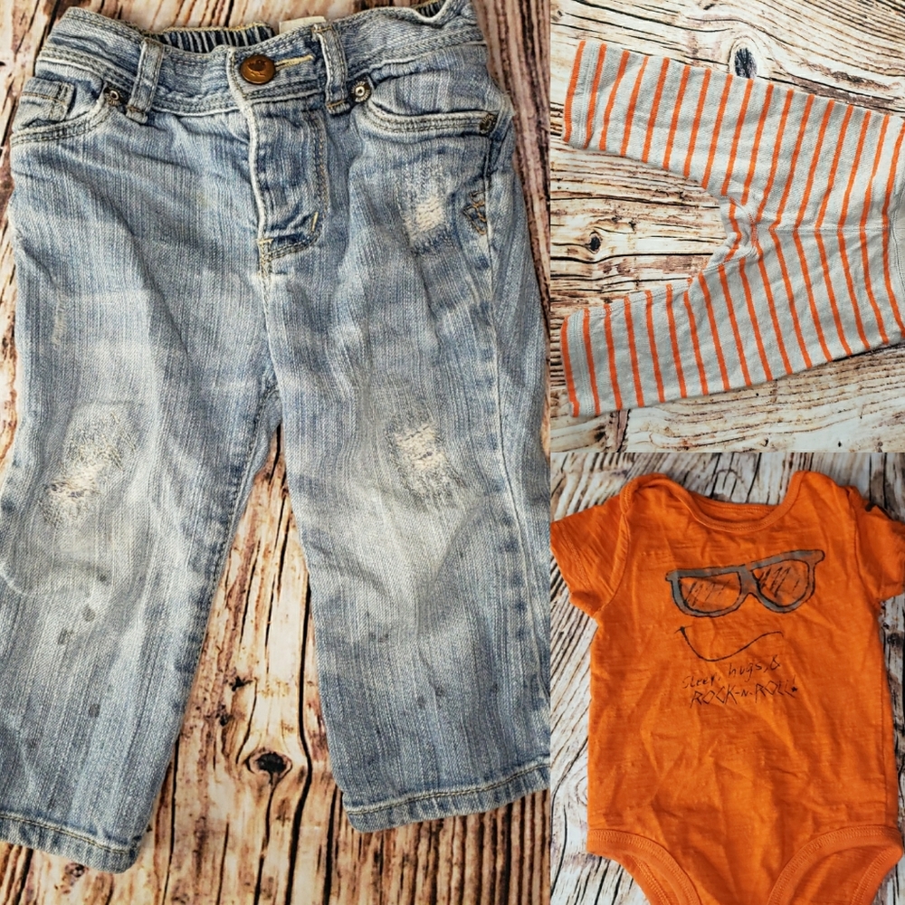 Baby Infant 6 to 9 months jeans sweat pant shirt sleep hugs and rock and roll
